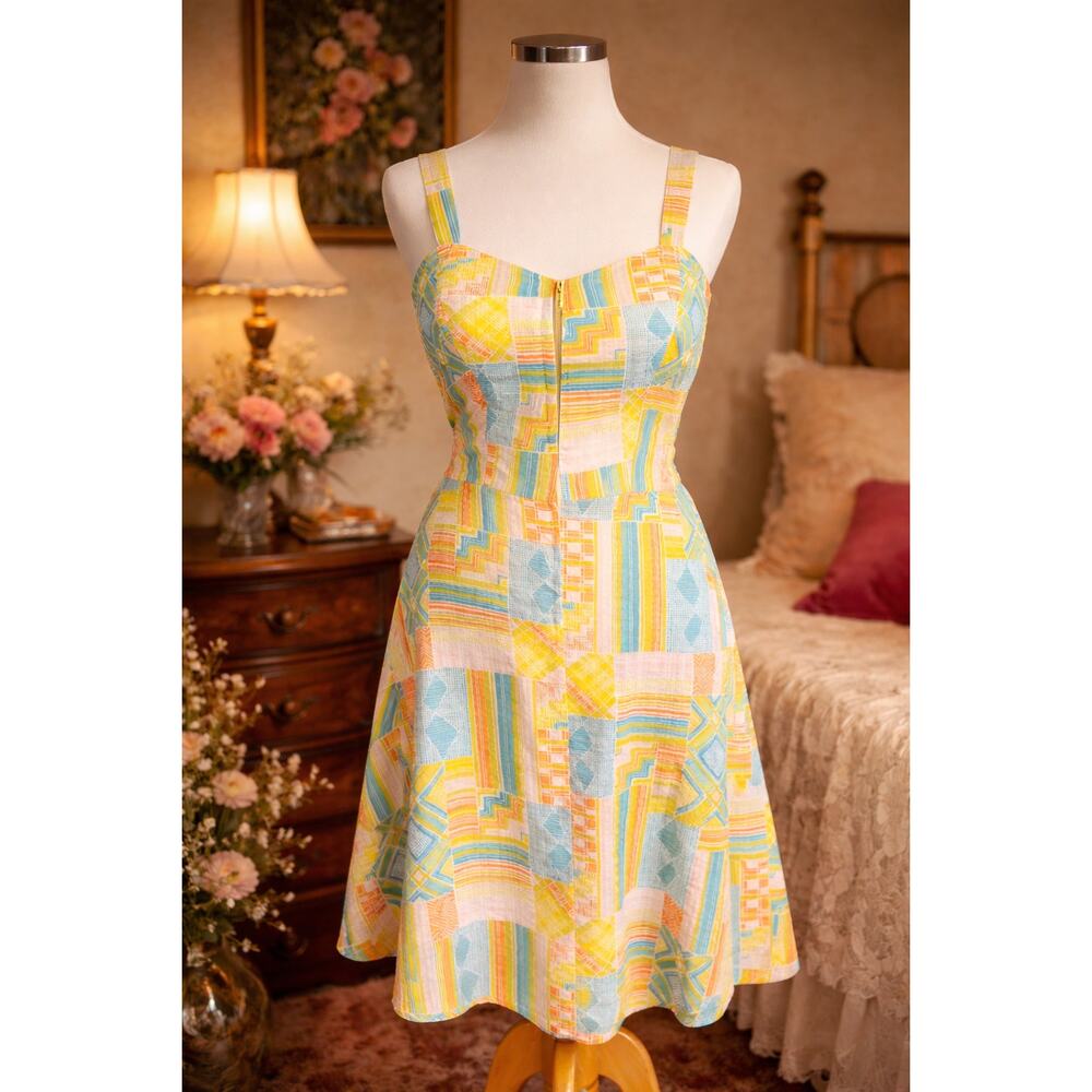70s Vintage Emma Swim Sundress Patchwork Print Sun Dress Mod Zip Front Dress - L